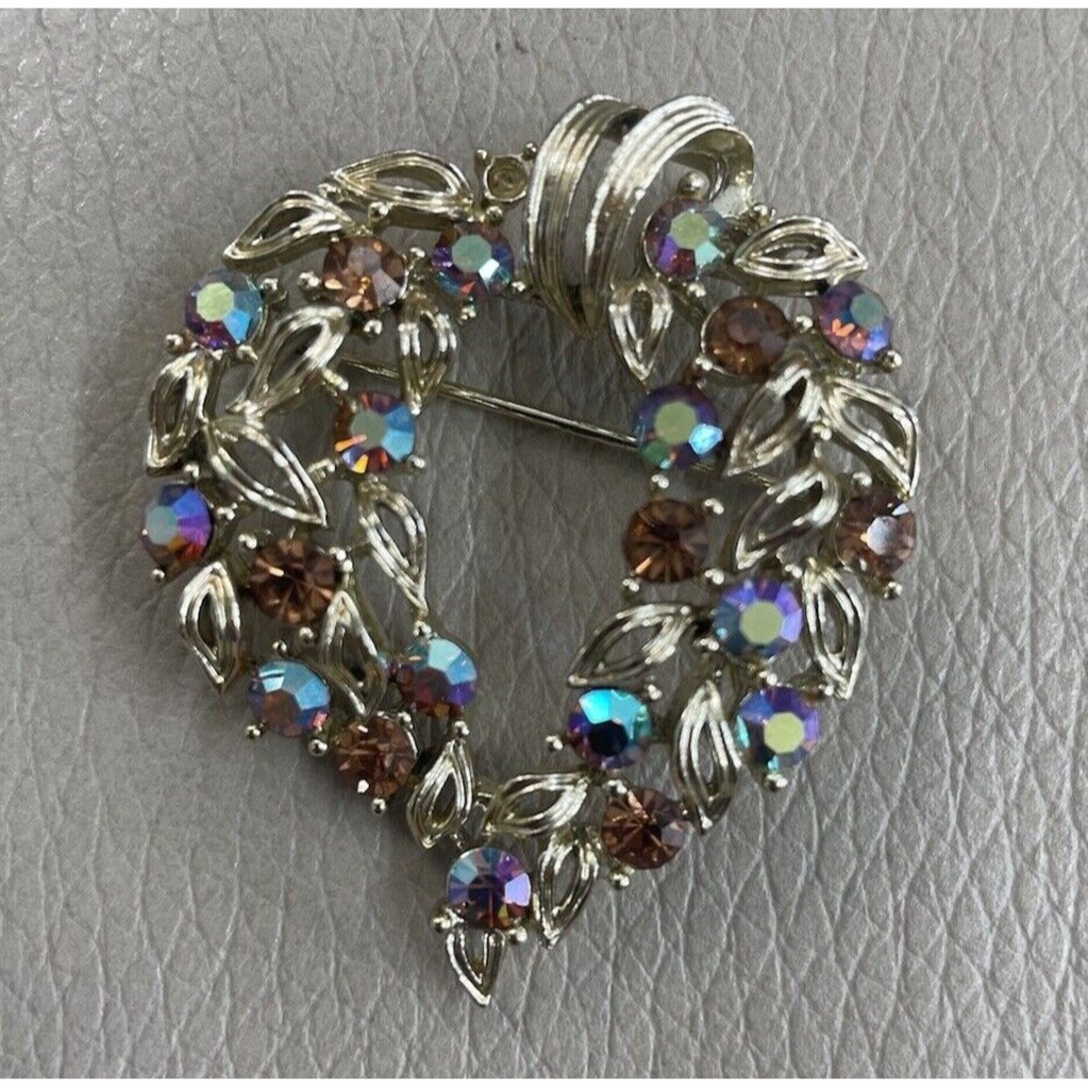 Lisner Vintage Brooch Antique Wreath Flower Rhinestones Signed Brooch Pin